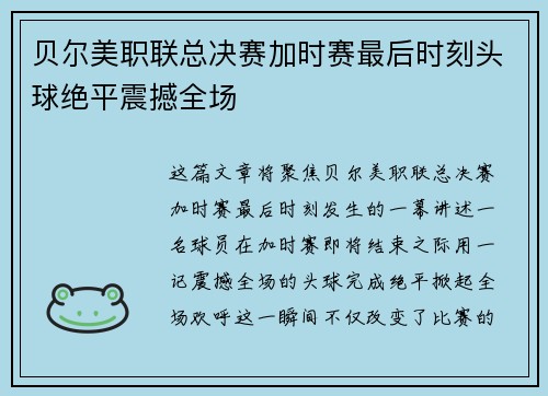 贝尔美职联总决赛加时赛最后时刻头球绝平震撼全场 贝尔美职联总决赛加时赛最后时刻头球绝平震撼全场